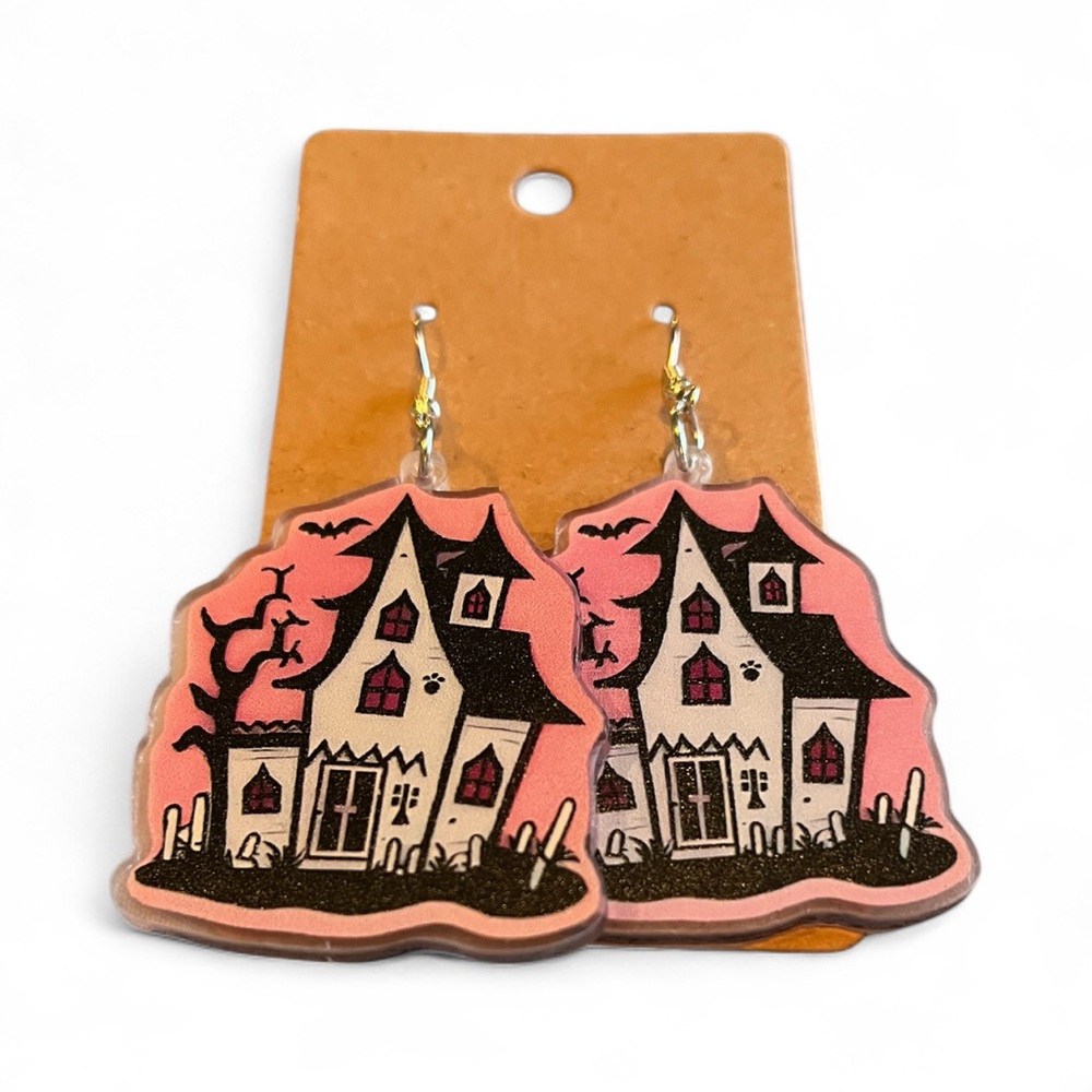 Pink and Black Haunted House Earrings